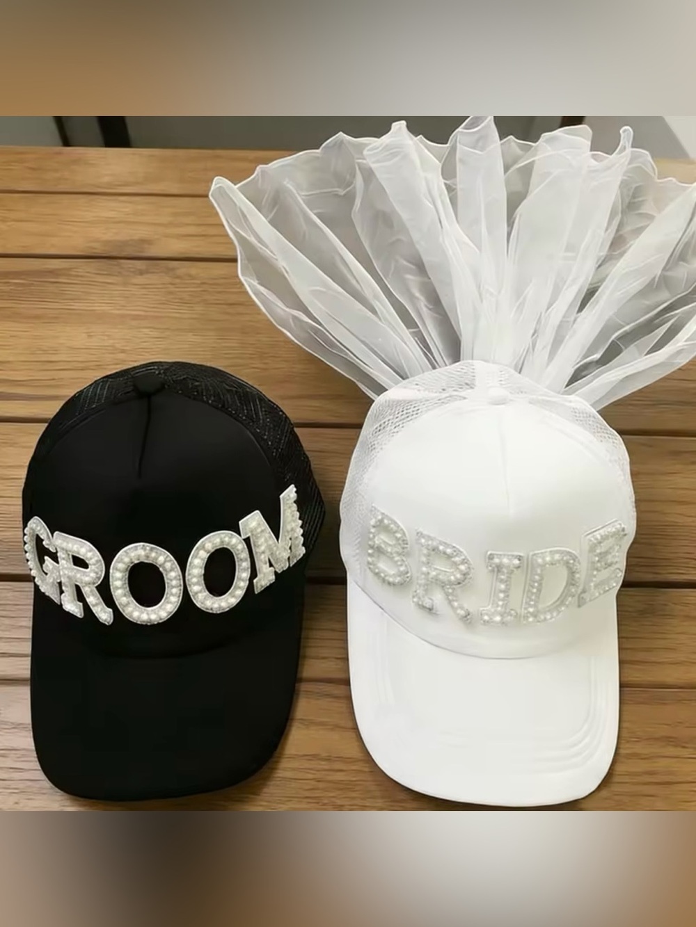 Macy's Bride & Groom Pearl Letter Trucker Hats - White & Black